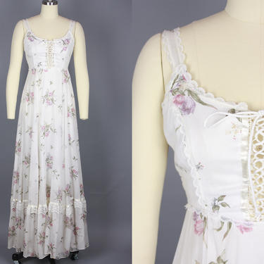 1970s GUNNE SAX Dress | Vintage 70s White Floral Print Cotton Voile Maxi Dress with Corset Laced Bodice | xs 