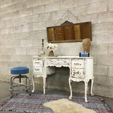 LOCAL PICKUP ONLY Vintage Wood Vanity Retro 1960s Long White Beauty Table with 5 Drawers and Ornate Carved Details and Lions Feet 