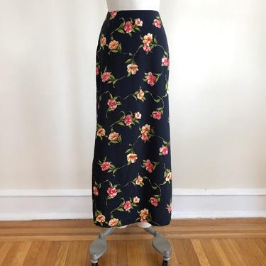 Navy Floral Print Maxi Skirt - 1990s 