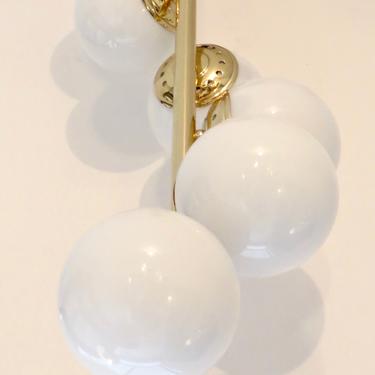 Stilnovo Chandelier Brass and Six Opaque Glass Globes 