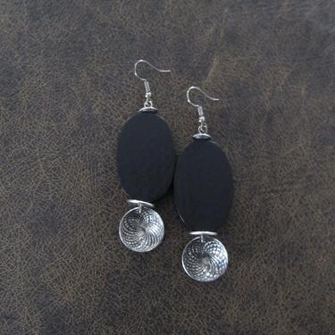 Mid century modern silver earrings, black wooden earrings, Brutalist bold statement earrings, artisan boho earrings, bohemian earrings 2 