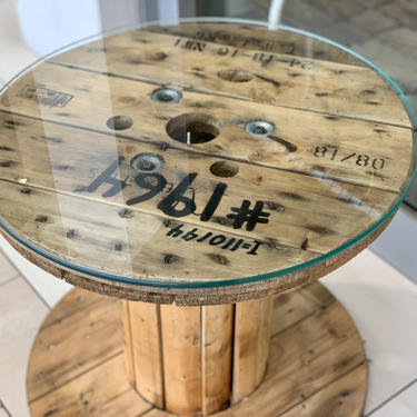Small Spool Table with Glass Top | Spool Side Table | Spool Coffee Table | Spool Nightstand | Industrial Table | Round Table | Rustic Table 