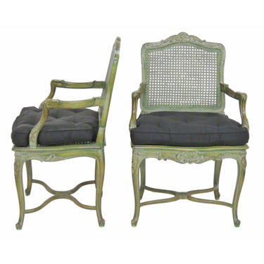 Pair French Louis XVI Style Green Painted Caned Armchairs