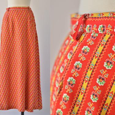 70s Vintage RED CALICO PRAIRIE Maxi Skirt by Summit of Boston, Western High Waist Cotton Floral Striped Long Skirt, Peasant Hippie Pioneer 