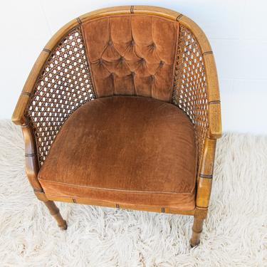 Vintage Brown Velvet Cane Back Faux Bamboo Lounge Chair 