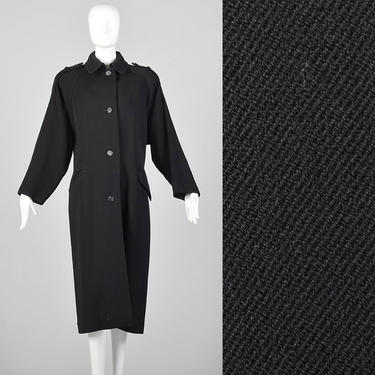 Large Bill Blass Overcoat Belted Back Long Black Button Front Convertible Flap Pockets Winter 1980s Womens Vintage Trench Coat 