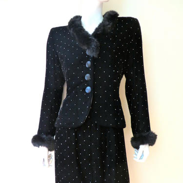 Vintage Oscar de la Renta Black Polkadot Velvet Jacket and Skirt Suit Set Ensemble Fur Collar and Cuffs Evening Small 
