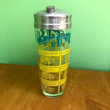 Vintage 1950s Glass Cocktail Shaker with Drink Recipes Printed Yellow and Turquoise 