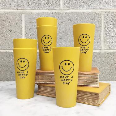 Vintage Tumbler Set Retro 1970s Smiley Face + Mid Century Modern + Yellow + Set of 6 + Plastic + Drinking Glasses +  Home and Kitchen Decor 
