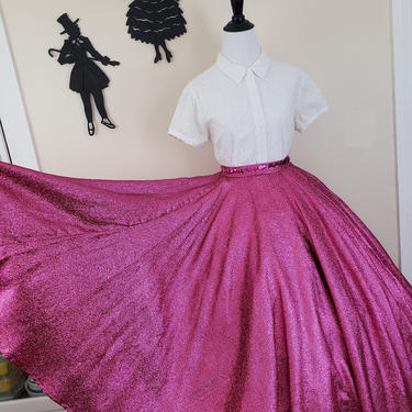 Vintage 1950's Pink Full Circle Skirt/ 60s Metallic Magenta Lurex Lame Skirt XS 