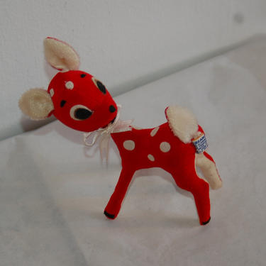 Vintage Christmas Red sawdust stuffed Plush Velveteen Christmas Decor Reindeer / Deer / Fawn with White Spots Figure DAKIN Dream Pet 