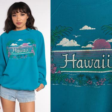 Hawaii Sweatshirt 80s Sweatshirt Floral Beach Sweater Graphic Print Slouch Pullover 1980s Turquoise Sweat Shirt Vintage Extra Large xl 