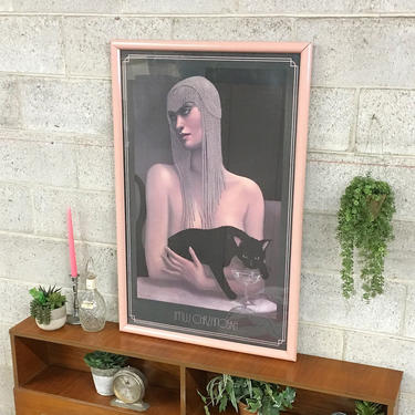 Vintage JMW Chrzanoska Print Retro 1980s Large Size 41x27 Woman + Black Cat + Champagne + Portrait + Glass Front + Pink Frame + Wall Art 