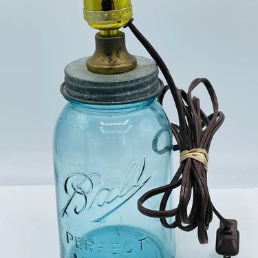 Vintage Ball Perfect Mason Blue Glass Canning Jar Electric Lamp 