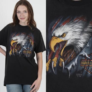 Black Cotton 3D Emblem T Shirt, 3d Harley Eagle T Shirt, Black Harley Davidson 2 Sided Dealer Tee, Mens Biker Eagle Tee Large L 