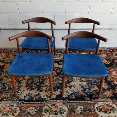 Set of 4 Mid Century Danish Dining Chairs w/ blue velvet upholstery