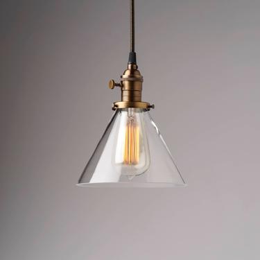 Pendant Light 7&amp;quot; Clear Glass Cone Fixture Vintage Industrial 