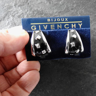Givenchy NWT Silver Tone Black Enamel Earrings with G's 