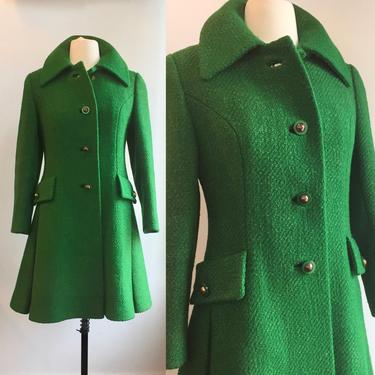 Vintage 60’s Mod Green DRESS COAT With Back Sash / Gold Accent Buttons + Hidden Pockets / Thick Wool + Satin Lined 