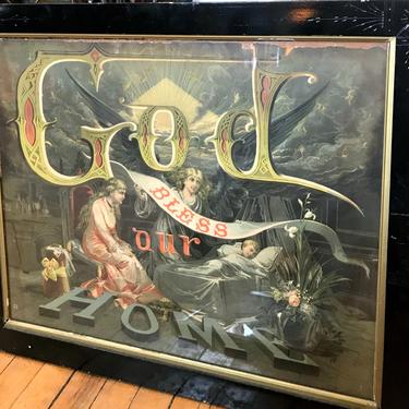 Antique 19th Century Print Glass Front Christian Religious &amp;quot;God Bless Our Home&amp;quot; in Black Painted Eastlake Style Victorian Wood Frame 