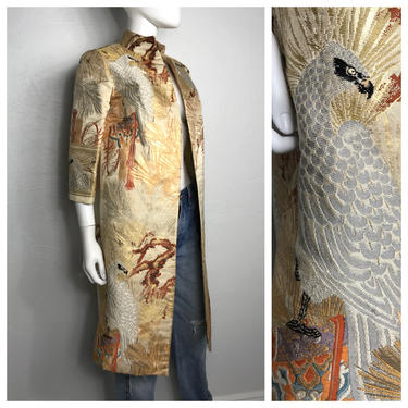 Vtg 50s silk jacquard Chinese embroidered coat robe 