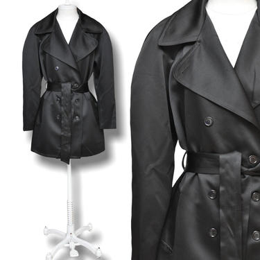 Vintage Black Satin Double Breasted Belted Trench Coat Jacket Size Medium 