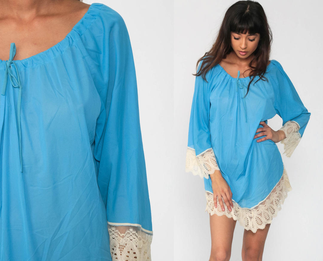 70s Nightgown Blue Lace Lingerie Slip Dress Lingerie LACE Mini | Shop ...