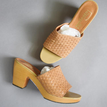 Vintage Woven Leather Mules | Wooden | Clogs | Sandals | Size 7 