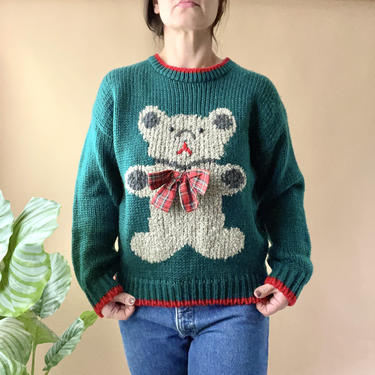 Vintage Green Teddy Bear Sweater, Size Medium 
