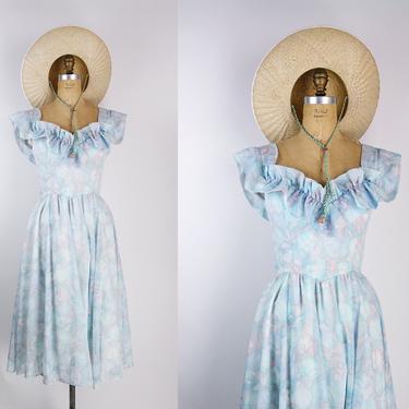 70s Gunne Sax Boho Dress / Off Shoulder Dress / Floral Dress / Bohemian Dress / Summer Dress / Pastels / Size XS/S 