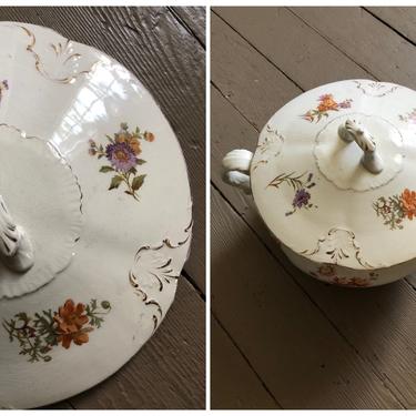Antique Victorian porcelain chamber pot with lid | English lidded ironstone potty with lavender &amp; orange flowers 