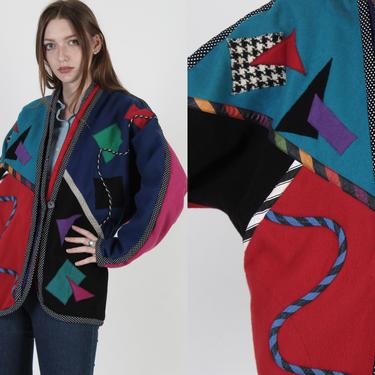 Vintage 80s Abstract Patchwork Wool Jacket / Artistic Geometric Pattern Coat / Black Red Wool Draped Jacket 