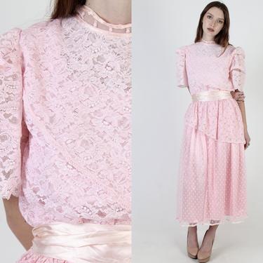 Vintage 80s Pink Swiss Dot Lace Dress / Sheer Floral Bridal Bridesmaid Dress / Layered Bell Sleeve Party Gown / Antique Style Maxi Dress 