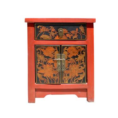 Oriental Distressed Orange Red Graphic Side End Table Nightstand cs5725S