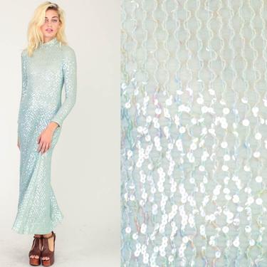 Sequin Dress Maxi Party 70s Boho Cocktail Gown Prom Seafoam Pastel Blue High Neck 1970s Vintage Formal Long Sleeve Bohemian Extra Small xs 