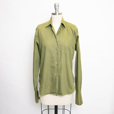 1950s Blouse Cotton Green Long Sleeve Top M 