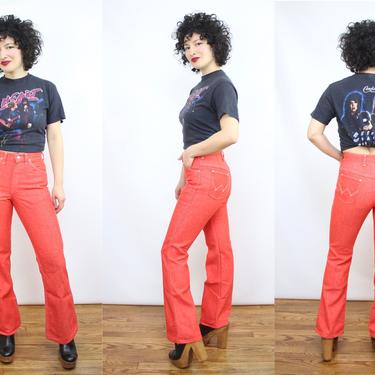 Vintage 70's Red Wrangler Kick Flares / 1970's Cropped Flare Jeans / Women's Size Small / 11&amp;quot; RISE / 28&amp;quot; MID RISE Waist 