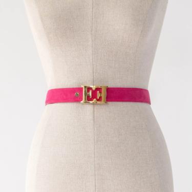 Vintage Y2K Escada Fuchsia Pink Suede Leather Skinny Belt w/ Gold Logo Buckle | Made in Italy | Size 34 | 2000s Escada Designer Suede Belt 