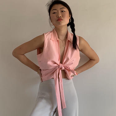 90s silk wrap blouse / vintage ballet blush pink silk dupioni sleeveless wrap front off shoulder blouse | L XL 