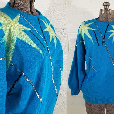 Vintage Abstract Sweater Teal Blue Black Silver 1980s 80s Long Sleeve Aqua Turquoise Knit Sequins Oversized Jessica LTD Large XL 