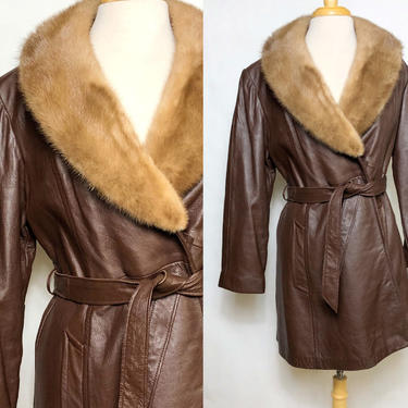 Vintage 1970s Mink Fur Collar Leather Jacket, 70s Mink Fur Coat, Chocolate Leather, Boho, Hippie, Size Medium by Mo