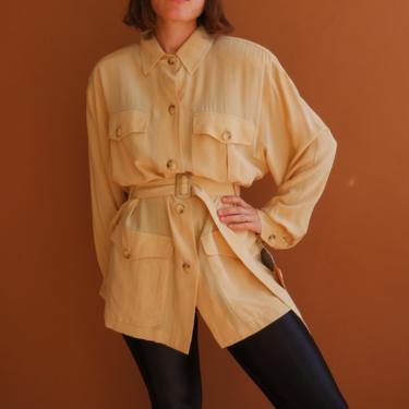 Vintage 90s Silk Belted Safari Jacket/ 1990s Patch Pocket Silk Button Up Shirt/ Size Large 