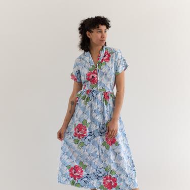 Vintage Seersucker Blue Pink Floral Cotton Day Dress | Tufted Flowers  | S M | 