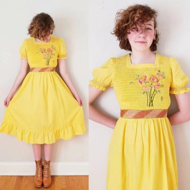 1960s Yellow Peasant Dress Girl's Teen Chinese Rose Brand / 60s Short Puffed Sleeves Dress Embroidery Smocking / Jessika 