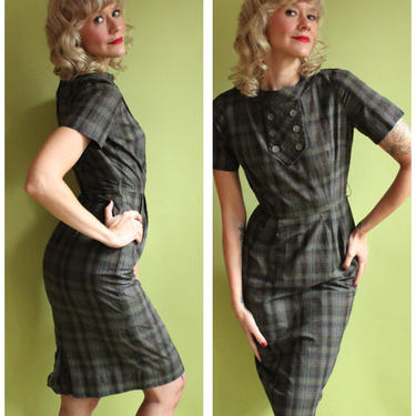 1960s Dress // Plaid Swiss Dot Sheath Dress // vintage 60s dress 