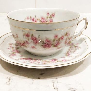 Two Piece Vintage White and Pink Rose Gold Trim Vine Orleans Bavaria Tea or Coffee Cup and Saucer, Collectable Antique Mug and Saucer by LeChalet