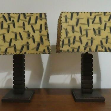 PAIR OF ART DECO STACKED WOOD TABLE LAMPS W/ ATOMIC SHADES mid century