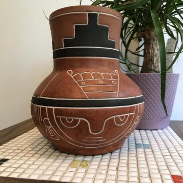 Hand Painted Vase Mexican - Folk Art Bud Vase, Black Vibrant Hand Painted south western Clay Vintage 