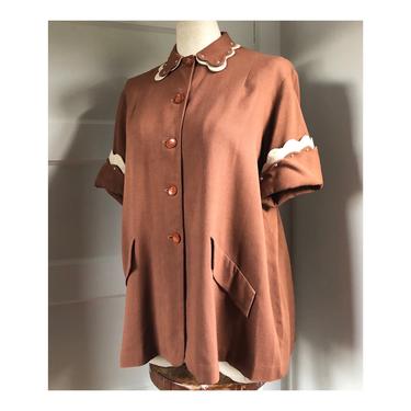 1940s / 1950s Swing Style Brown Linen Button Up with Scalloped Collar and Sleeve Detail by Chas L. Lewis Hollywood- size med/large 