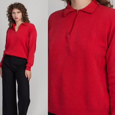 80s Red Henley Sweatshirt - Large | Vintage Plain Cropped Zip Up Collared Pullover 